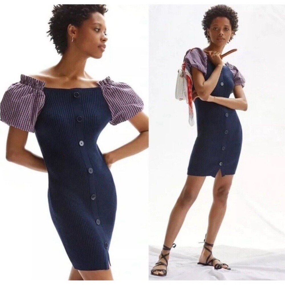 Maeve Navy Ribbed Knit Puff Gingham Mini Dress Size Medium